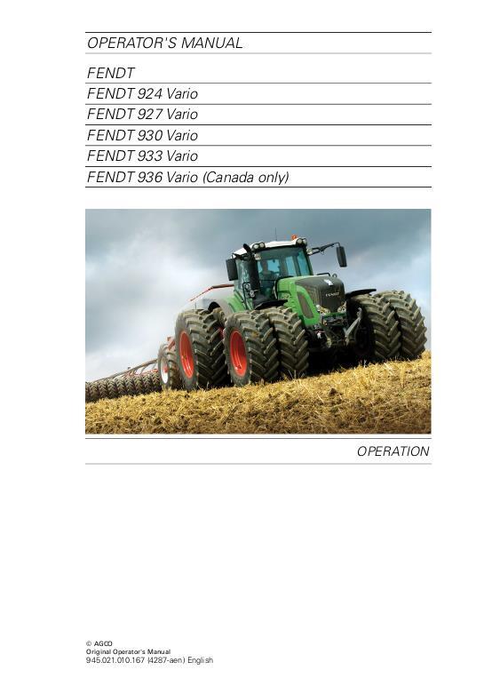 AGCO 924 927 930 933 936 Tractor (No Am, com 3b, operation) Operator Manual 72616142 English