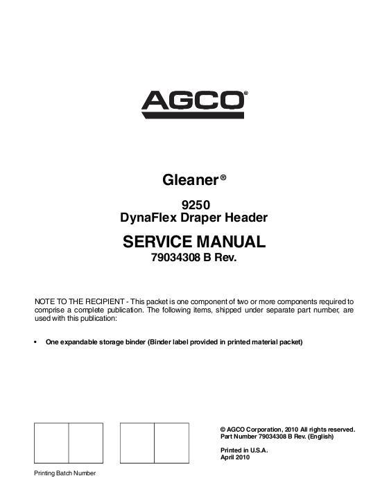 AGCO 9250 DynaFlex Draper Header (packet) Service Manual 79034308B English
