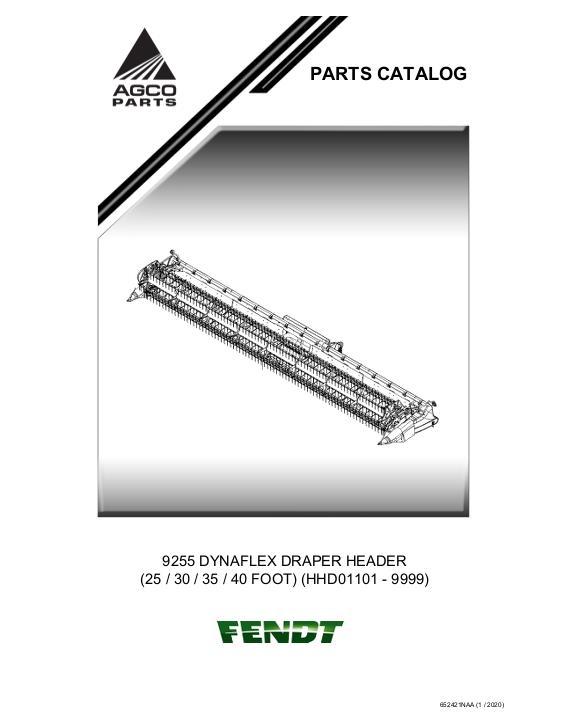 AGCO 9255 DynaFlex Draper Header (25 to 40 ft, eff HHD01101) Parts Book 652421NAA English