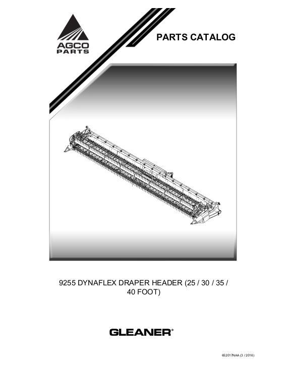 AGCO 9255 DynaFlex Draper Header (25 to 40 ft, prior to HHD01101) Parts Book 652017NAA English