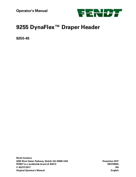 AGCO 9255 DynaFlex Draper Header (45 foot) Operator Manual 79037600A English