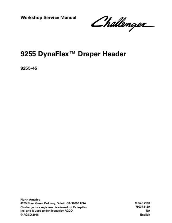 AGCO 9255 DynaFlex Draper Header (45 foot only) Service Manual 79037312A English