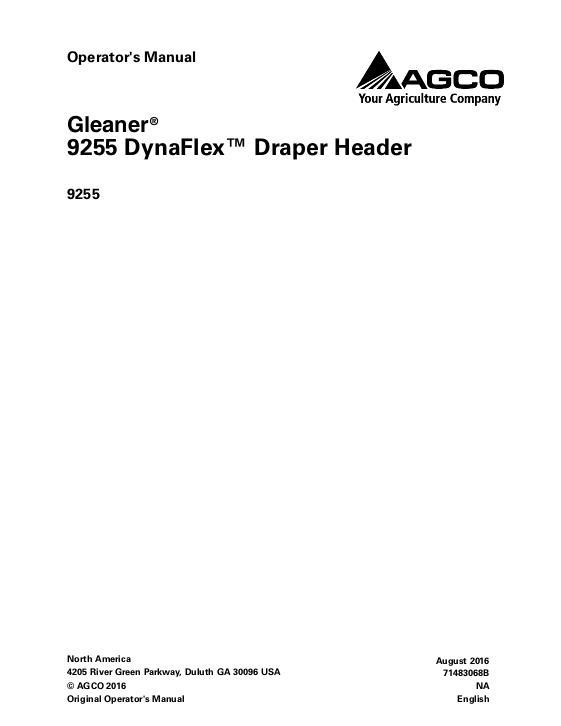 AGCO 9255 DynaFlex Draper Header Operator Manual 71483068B English 1 AGCO 9255 DynaFlex Draper Header Operator Manual 71483068B English