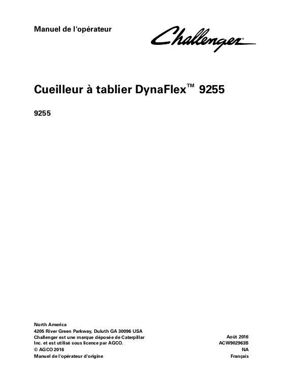 AGCO 9255 DynaFlex Draper Header Operator Manual ACW902963B French 1 AGCO 9255 DynaFlex Draper Header Operator Manual ACW902963B French
