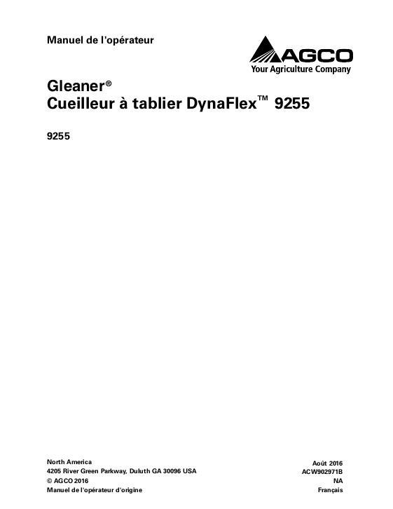 AGCO 9255 DynaFlex Draper Header Operator Manual ACW902971B French 1 AGCO 9255 DynaFlex Draper Header Operator Manual ACW902971B French