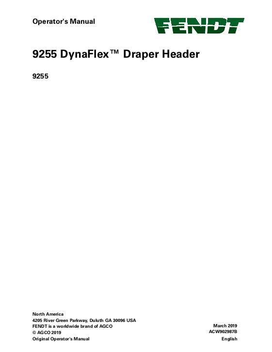 AGCO 9255 DynaFlex Draper Header Operator Manual ACW902987B English