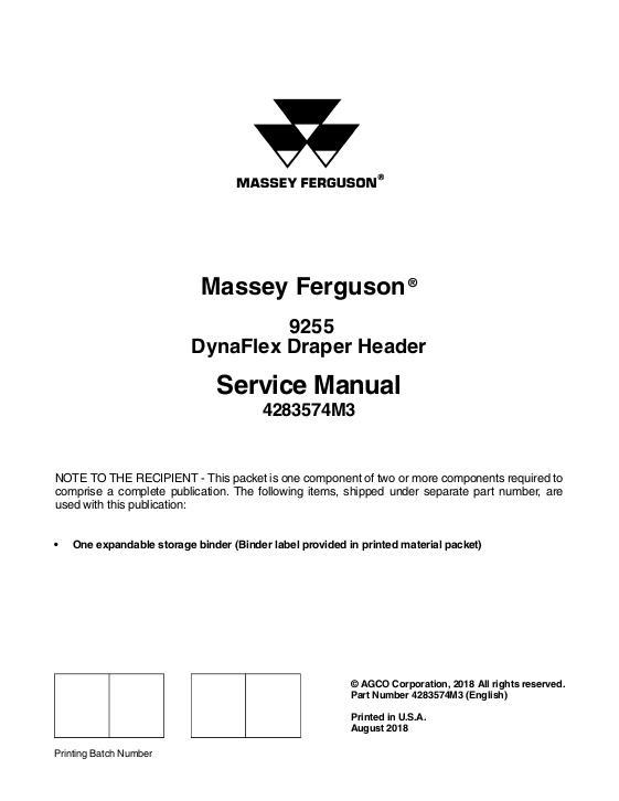 AGCO 9255 DynaFlex Draper Header (packet) Service Manual 4283574M3 English