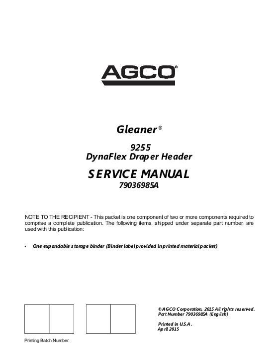 AGCO 9255 DynaFlex Draper Header (packet) Service Manual 79036985A English