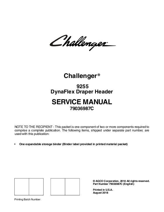 AGCO 9255 DynaFlex Draper Header (packet) Service Manual 79036987C English