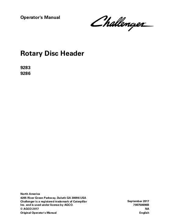 AGCO 9283 9286 Rotary Disc Header Operator Manual 700750696B English 1 AGCO 9283 9286 Rotary Disc Header Operator Manual 700750696B English