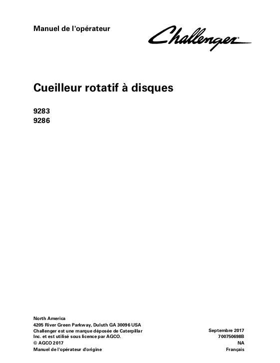 AGCO 9283 9286 Rotary Disc Header Operator Manual 700750698B French 1 AGCO 9283 9286 Rotary Disc Header Operator Manual 700750698B French