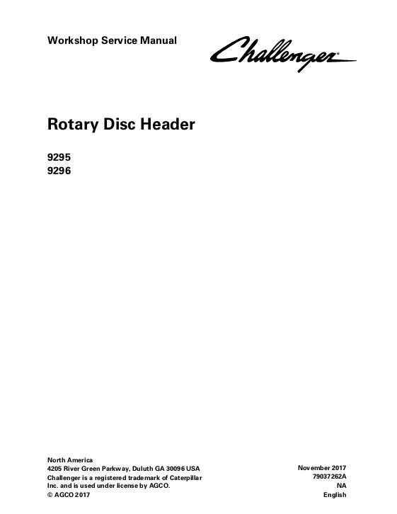 AGCO 9295 9296 Rotary Disc Header Service Manual 79037262A English