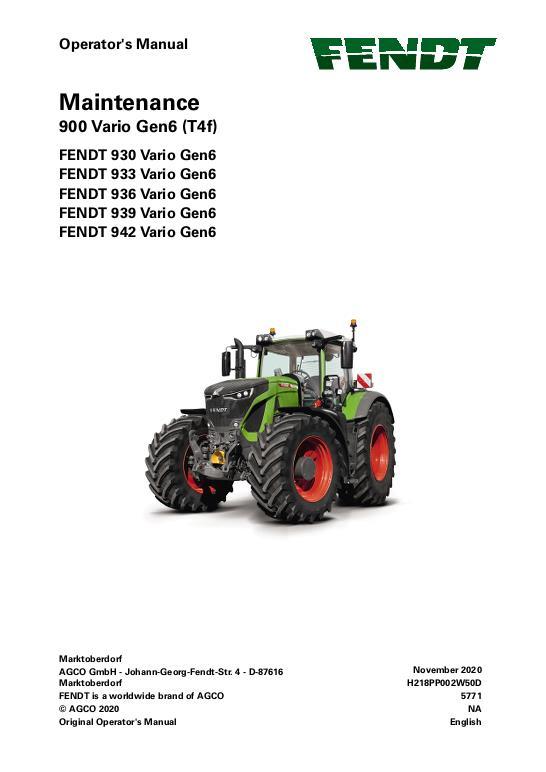 AGCO 930 933 936 939 942 Gen6 Tractor (No Am, maintenance) Operator Manual 72663924 English
