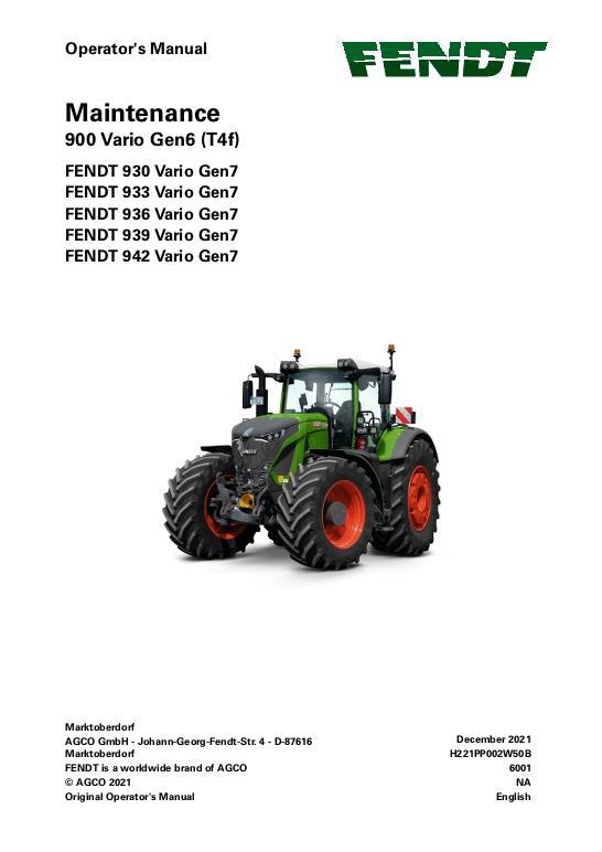 AGCO 930 933 936 939 942 Gen7 Tractor (No Am, maintenance) Operator Manual 72667803 English
