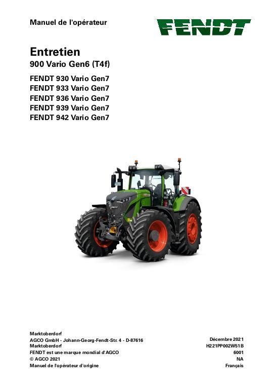 AGCO 930 933 936 939 942 Gen7 Tractor (No Am, maintenance) Operator Manual 72667804 French