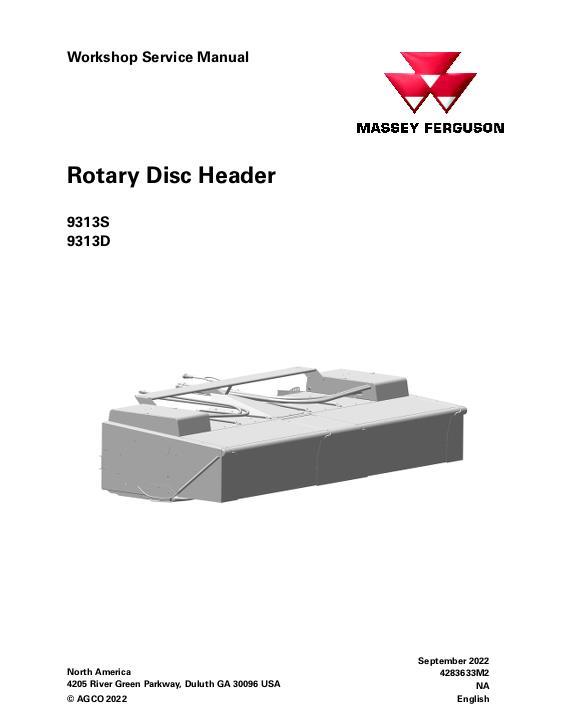 AGCO 9313S 9313D Rotary Disc Header Service Manual 4283633M2 English