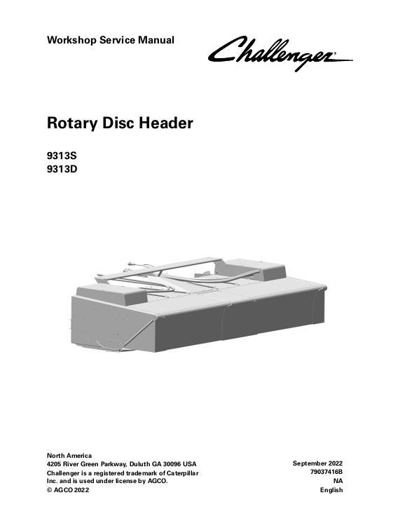 AGCO 9313S 9313D Rotary Disc Header Service Manual 79037416B English