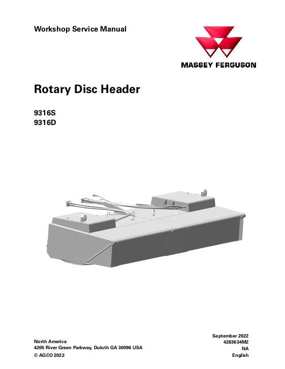 AGCO 9316S 9316D Rotary Disc Header Service Manual 4283634M2 English