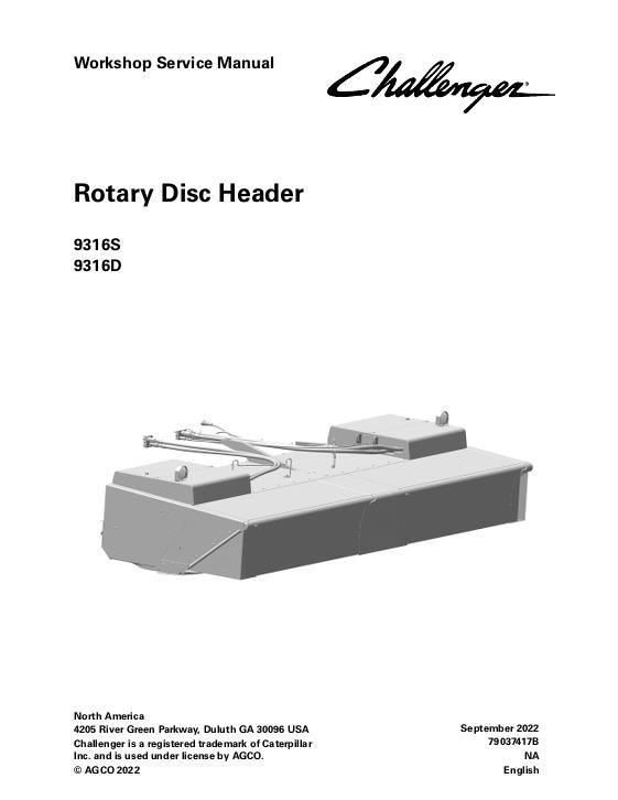 AGCO 9316S 9316D Rotary Disc Header Service Manual 79037417B English