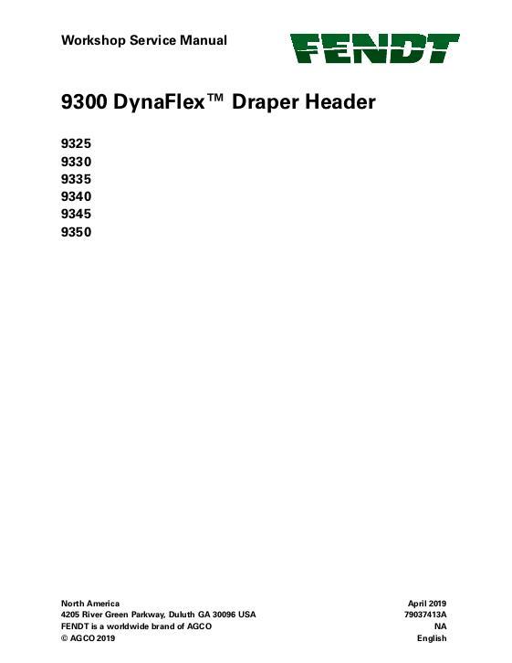AGCO 9325 9330 9335 9340 9345 9350 DynaFlex Draper Header Service Manual 79037413A English