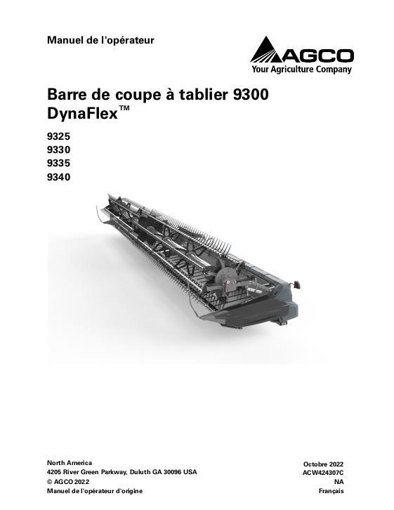 AGCO 9325 9330 9335 9340 DynaFlex Draper Header Operator Manual ACW424307C French