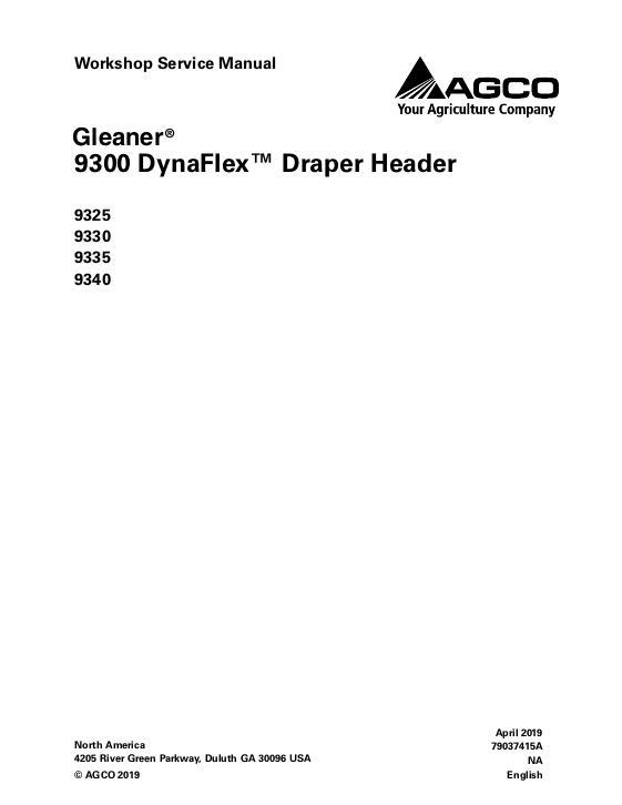 AGCO 9325 9330 9335 9340 DynaFlex Draper Header Service Manual 79037415A English