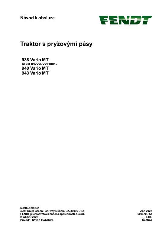 AGCO 938 Vario MT 940 Vario MT 943 Vario MT CE Operator Manual 609470D1A Czech 1 AGCO 938 Vario MT 940 Vario MT 943 Vario MT CE Operator Manual 609470D1A Czech