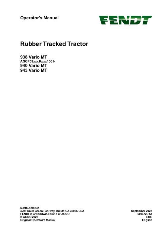 AGCO 938 Vario MT 940 Vario MT 943 Vario MT CE Operator Manual 609472D1A English
