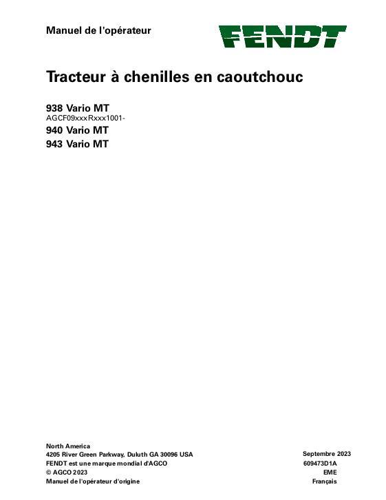 AGCO 938 Vario MT 940 Vario MT 943 Vario MT CE Operator Manual 609473D1A French 1 AGCO 938 Vario MT 940 Vario MT 943 Vario MT CE Operator Manual 609473D1A French