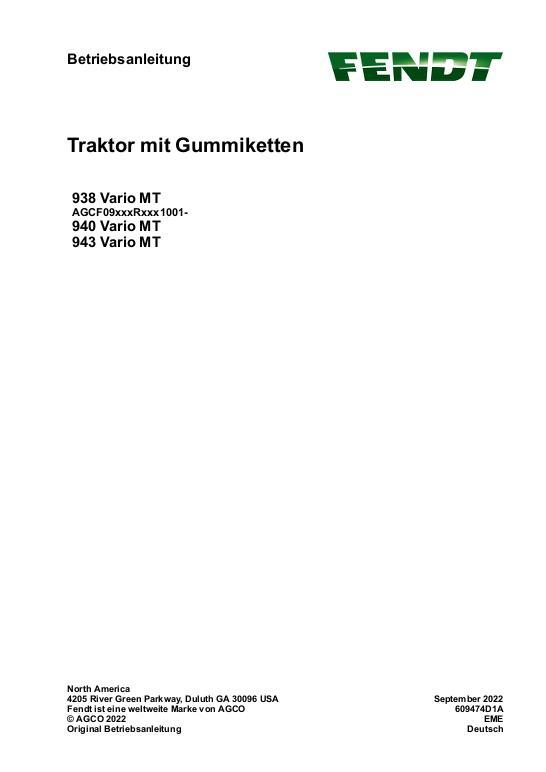 AGCO 938 Vario MT 940 Vario MT 943 Vario MT CE Operator Manual 609474D1A German 1 AGCO 938 Vario MT 940 Vario MT 943 Vario MT CE Operator Manual 609474D1A German