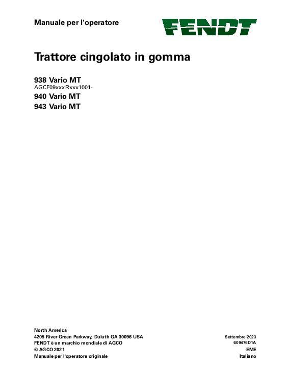 AGCO 938 Vario MT 940 Vario MT 943 Vario MT CE Operator Manual 609476D1A Italian