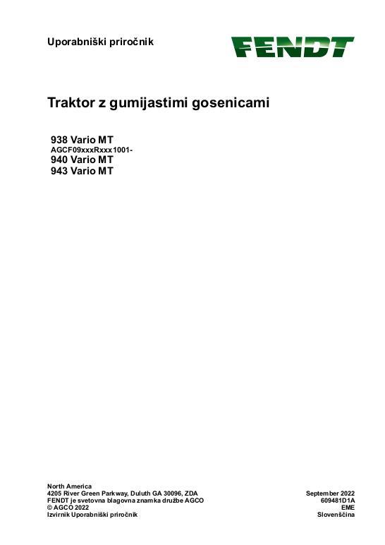 AGCO 938 Vario MT 940 Vario MT 943 Vario MT CE Operator Manual 609481D1A Slovakian 1 AGCO 938 Vario MT 940 Vario MT 943 Vario MT CE Operator Manual 609481D1A Slovakian