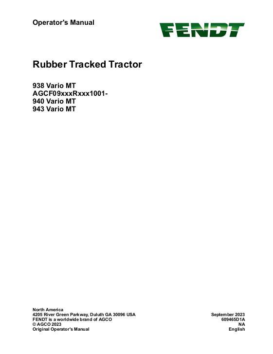 AGCO 938 Vario MT 940 Vario MT 943 Vario MT Non-CE Operator Manual 609465D1A English 1 AGCO 938 Vario MT 940 Vario MT 943 Vario MT Non-CE Operator Manual 609465D1A English