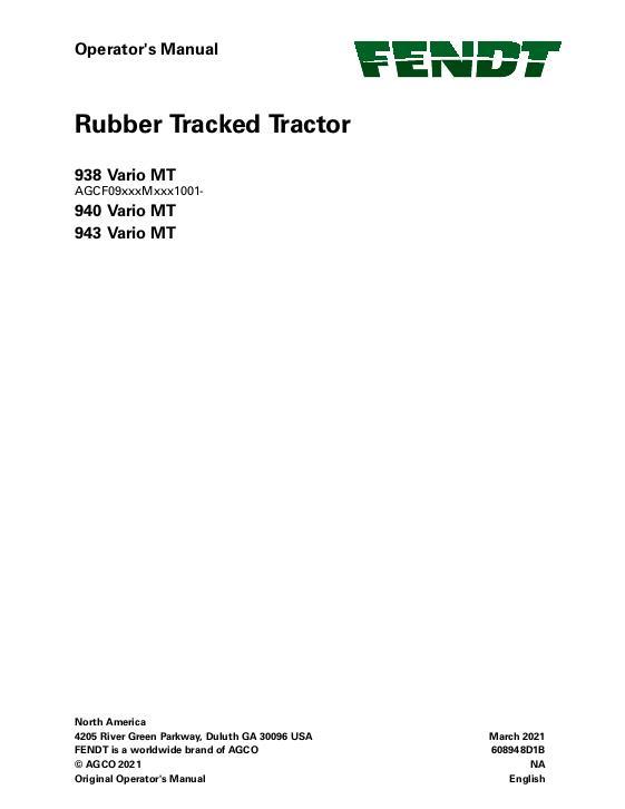 AGCO 938 Vario MT 940 Vario MT 943 Vario MT Tractor (non-CE) Operator Manual 608948D1B English 1 AGCO 938 Vario MT 940 Vario MT 943 Vario MT Tractor (non-CE) Operator Manual 608948D1B English