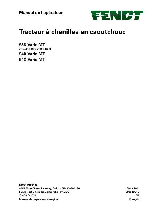 AGCO 938 Vario MT 940 Vario MT 943 Vario MT Tractor (non CE) Operator Manual 608949D1B French 1 AGCO 938 Vario MT 940 Vario MT 943 Vario MT Tractor (non CE) Operator Manual 608949D1B French