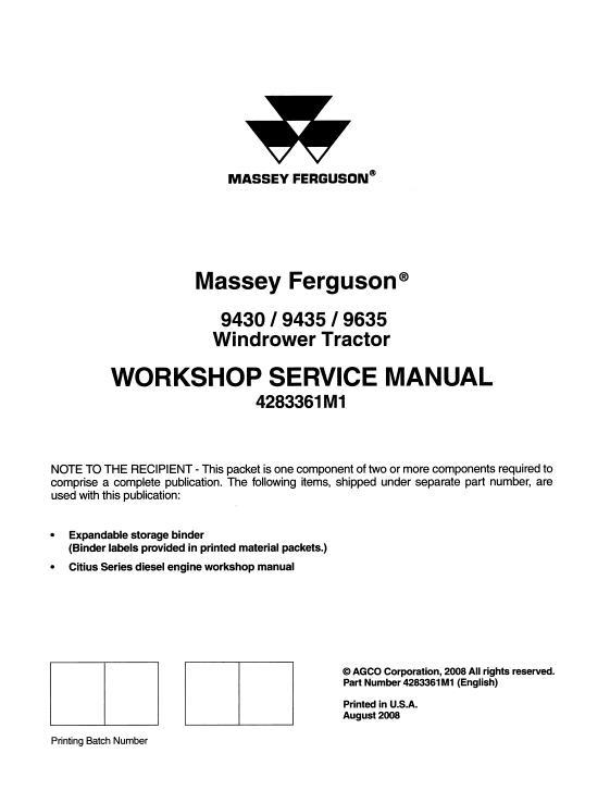 AGCO 9430 9435 9635 Windrower (packet) Service Manual 4283361M1 English