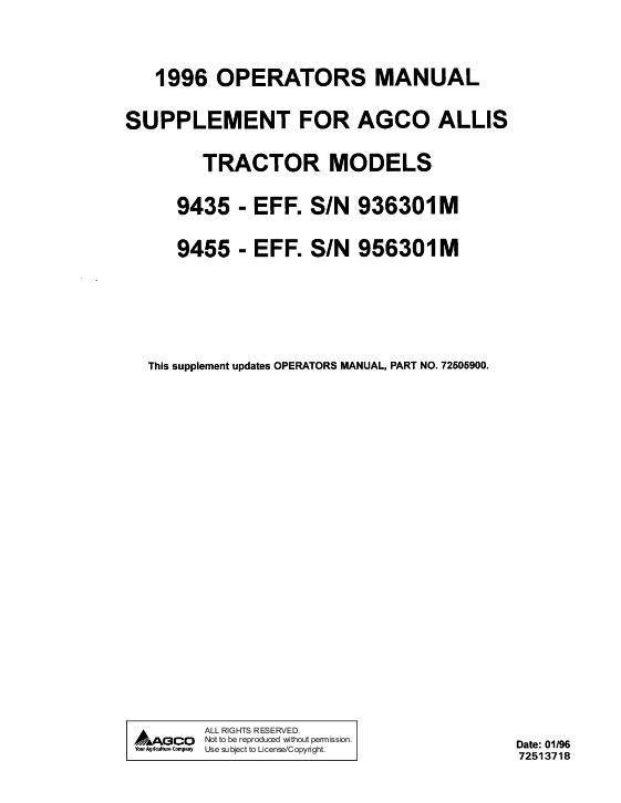 AGCO 9435 (eff sn 936301M) 9455 (eff sn 956301M) Tractor (suppl.) Operator Manual 72513718 English 1 AGCO 9435 (eff sn 936301M) 9455 (eff sn 956301M) Tractor (suppl.) Operator Manual 72513718 English