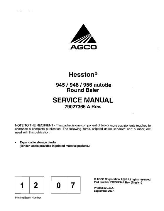 AGCO 945 946 956 Round Baler (Auto-Tie) (packet) Service Manual 79027366A English