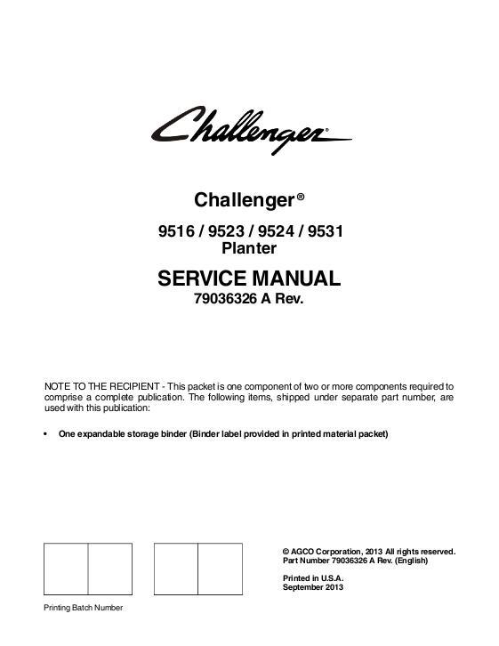 AGCO 9516 9523 9524 9531 Planter (packet) Service Manual 79036326A English