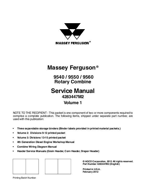 AGCO 9540 9550 9560 Combine (packet) Service Manual 4283447M2 English