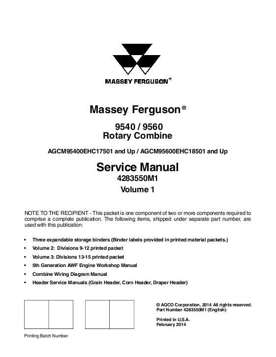 AGCO 9540 9560 Combine (tier 4f, eff sn EHCxx501, 2014) (packet) Service Manual 4283550M1 English