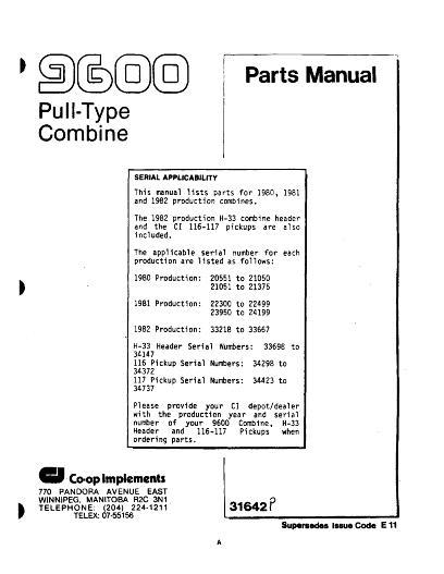 AGCO 9600 Combine (pull type, E11) Parts Book 31642P English