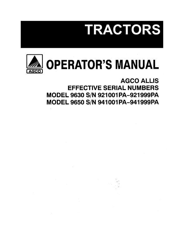 AGCO 9630 9650 Tractor (sn xx1001 - xx1500) Operator Manual 72506797 English