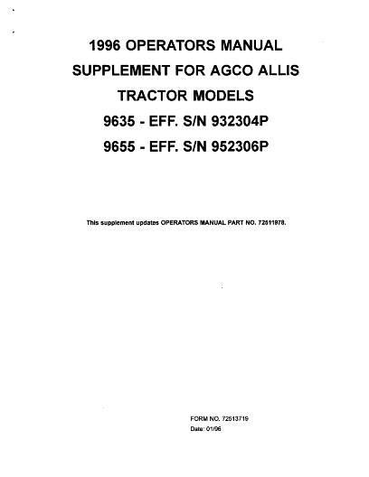 AGCO 9635 (eff 932304P) 9655 (eff 952306P) Tractor (supplement) Service Manual 72513719 English