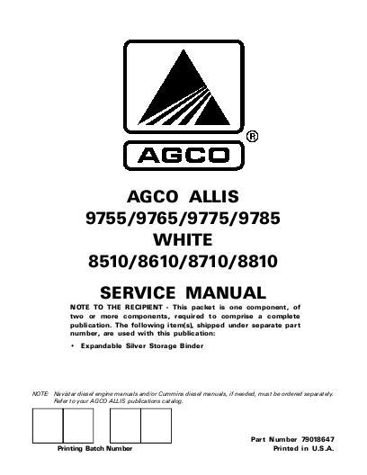 AGCO 9755 to 9785 8510 to 8810 Tractor (packet) Service Manual 79018647 English