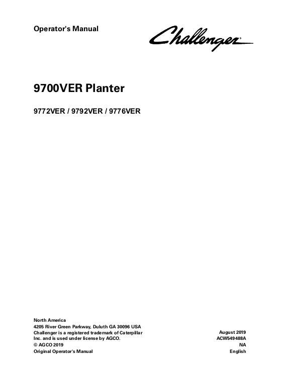 AGCO 9772VER 9776VER 9792VER Planter Operator Manual ACW549488A English
