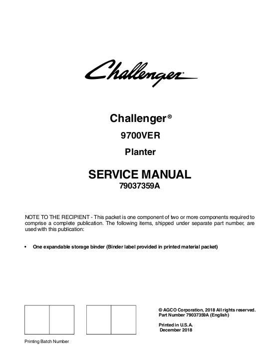 AGCO 9772VER 9792VER 9776VER Planter (packet) Service Manual 79037359A English
