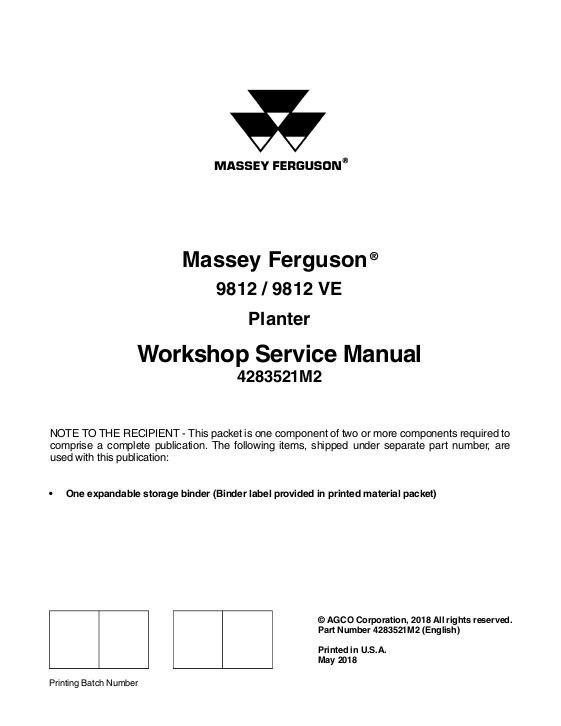 AGCO 9812 9812VE Planter (packet) Service Manual 4283521M2 English