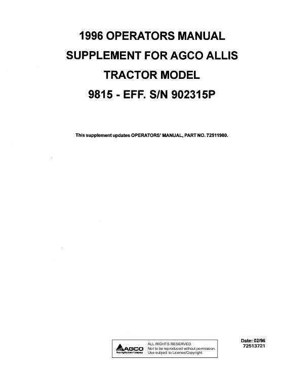 AGCO 9815 Tractor (supplement, eff sn 902315) Operator Manual 72513721 English 1 AGCO 9815 Tractor (supplement, eff sn 902315) Operator Manual 72513721 English