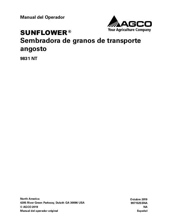 AGCO 9831 NT Grain Drill (narrow transport, single disc) Operator Manual 9971525SNA Spanish